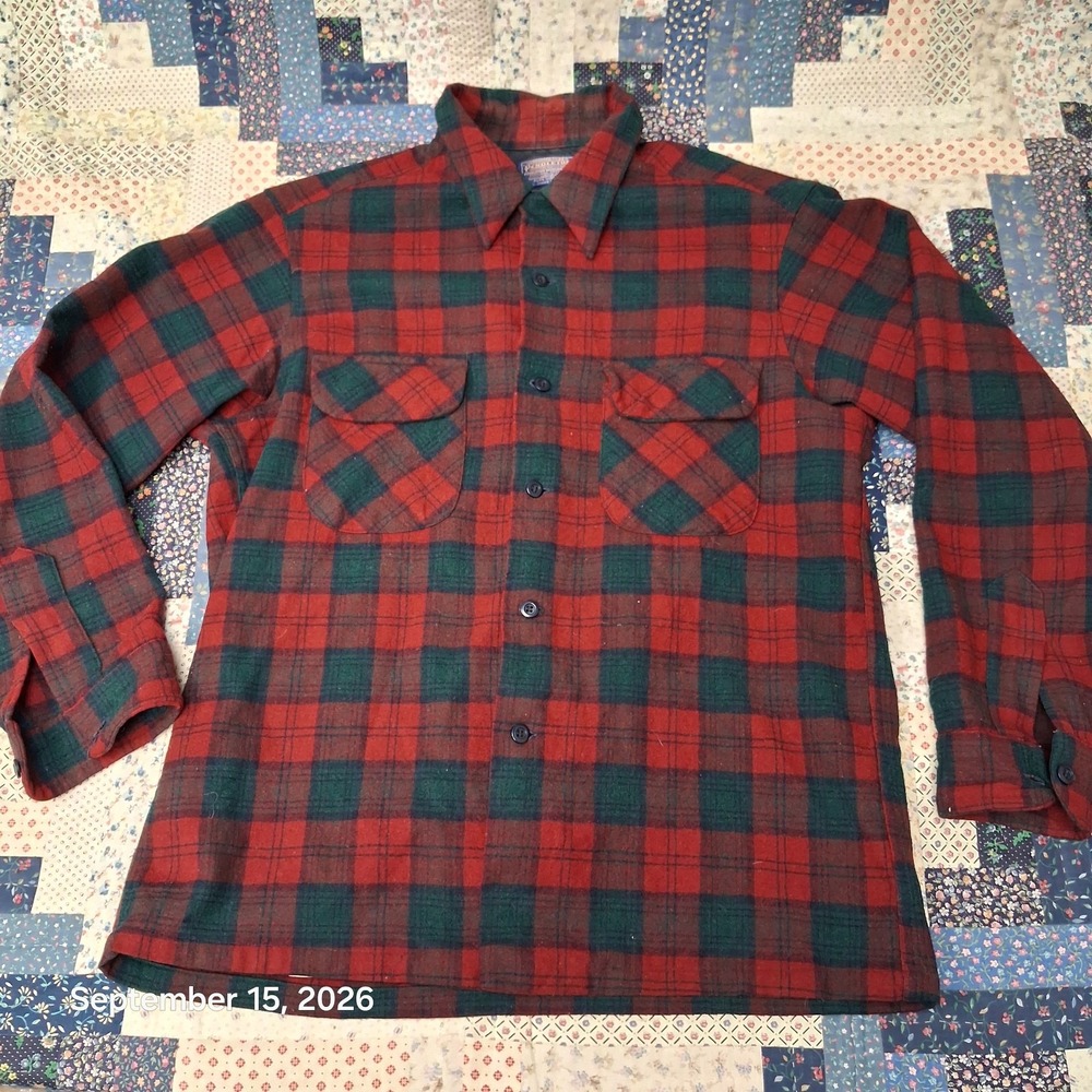 80s Vintage Pendleton Wool Board Shirt Mens L Red Green Plaid Loop Collar USA
